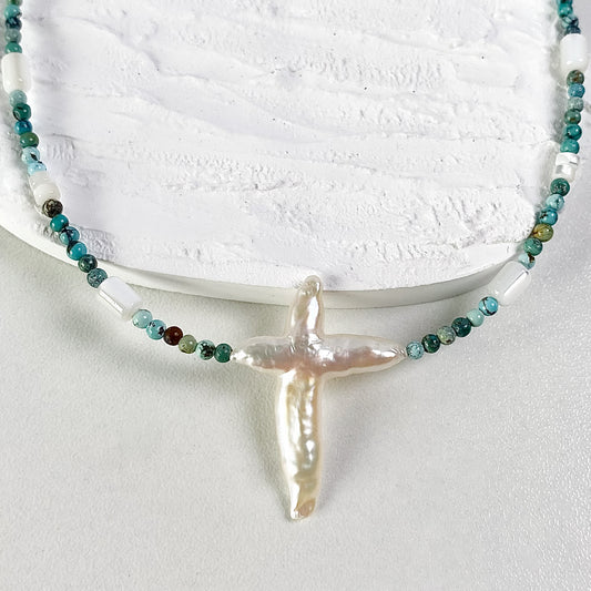 Natural Turquoise and Pearls Handmade Necklace