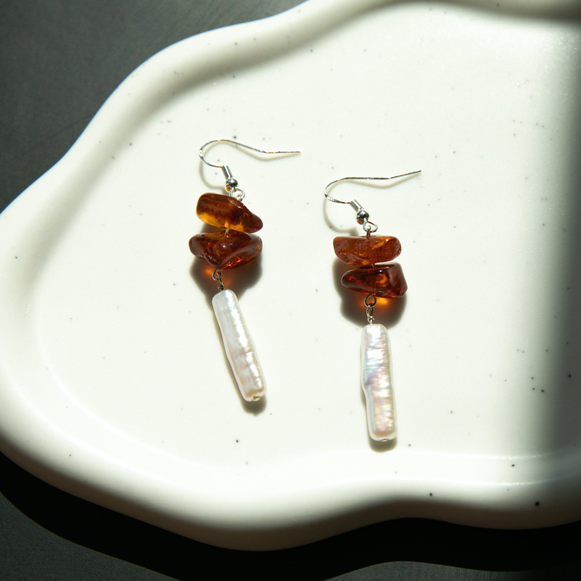 Natural Pearl with Vintage Amber Elegant Earrings